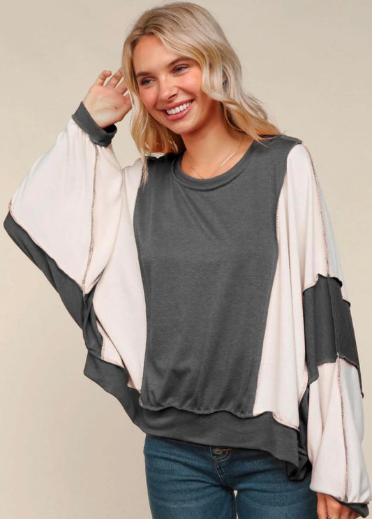 Haptics - Charcoal Loose Fit Color Block Pullover Sweater