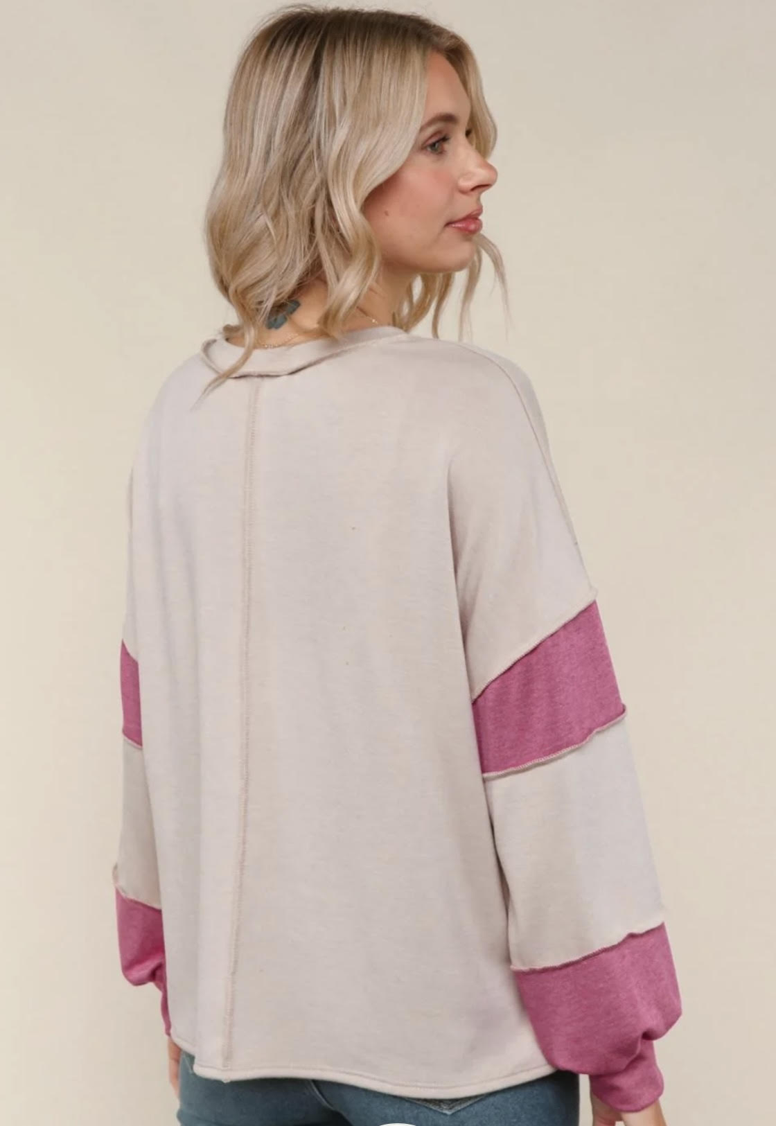 Haptics - Magenta/Taupe Color Block Loose Fit Pullover Knit Top