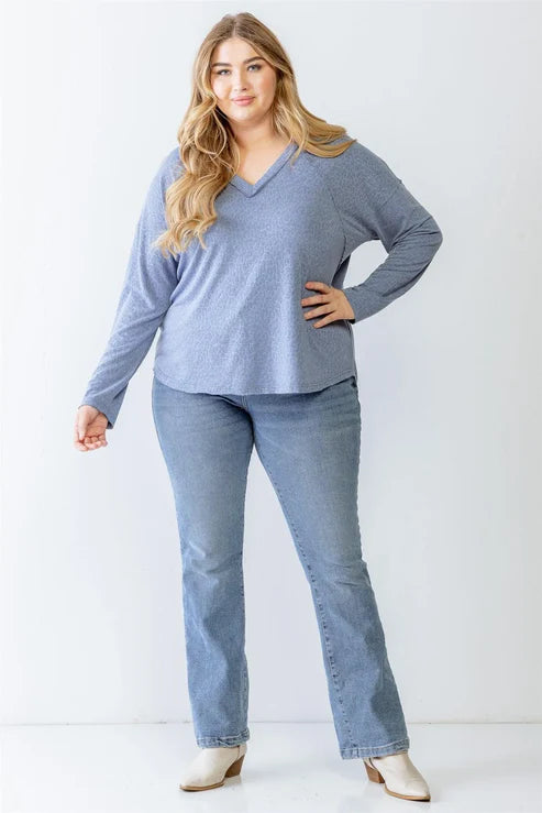 Very J – Plus Size Washed Blue Leopard V-Neck Long Sleeve Top