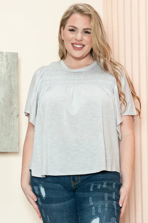 Gilli Plus Size Smocked Yoke Flutter Sleeve Top - Lavender Grey