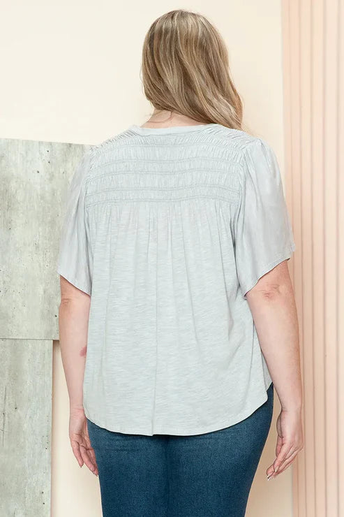 Gilli Plus Size Smocked Yoke Flutter Sleeve Top - Lavender Grey