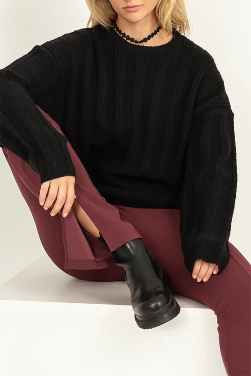 Double Zero - Wide Ribbed Round Neck Soft Long Sleeve Cozy Sweater