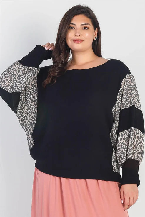 Gilli Junior Plus Black Flannel Leopard Print Colorblock Dolman Sleeve Top