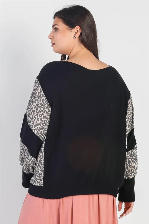 Gilli Junior Plus Black Flannel Leopard Print Colorblock Dolman Sleeve Top