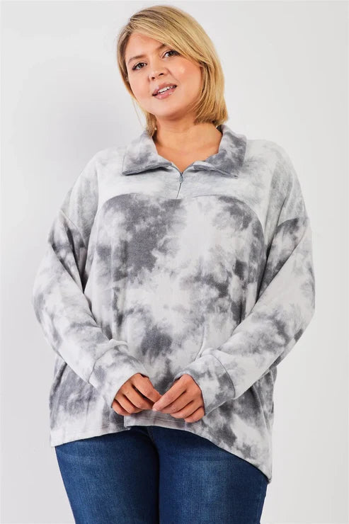 Gilli -  Plus Size Tie-Dye Fleece Collared NeckLoose Fit Top