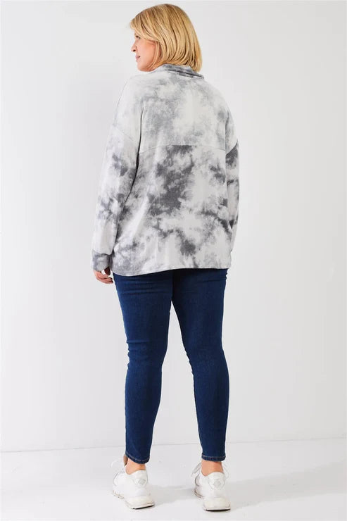 Gilli -  Plus Size Tie-Dye Fleece Collared NeckLoose Fit Top